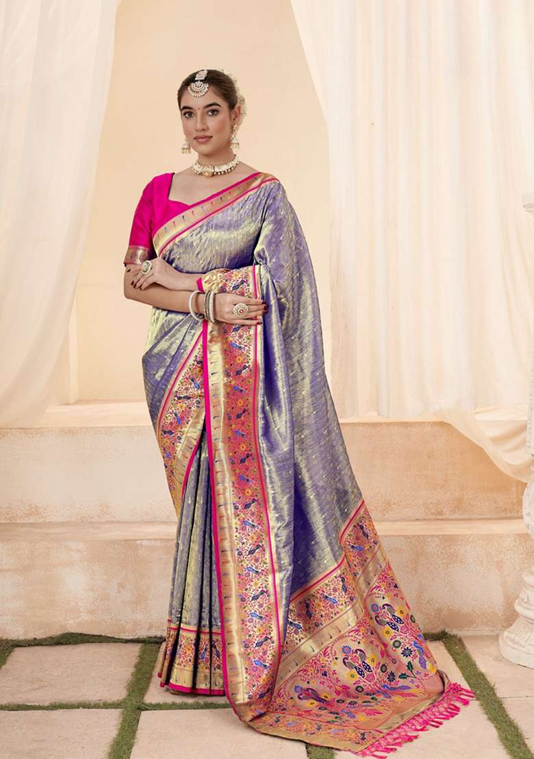 Lavender Zari Woven Silk Saree Set - Indya