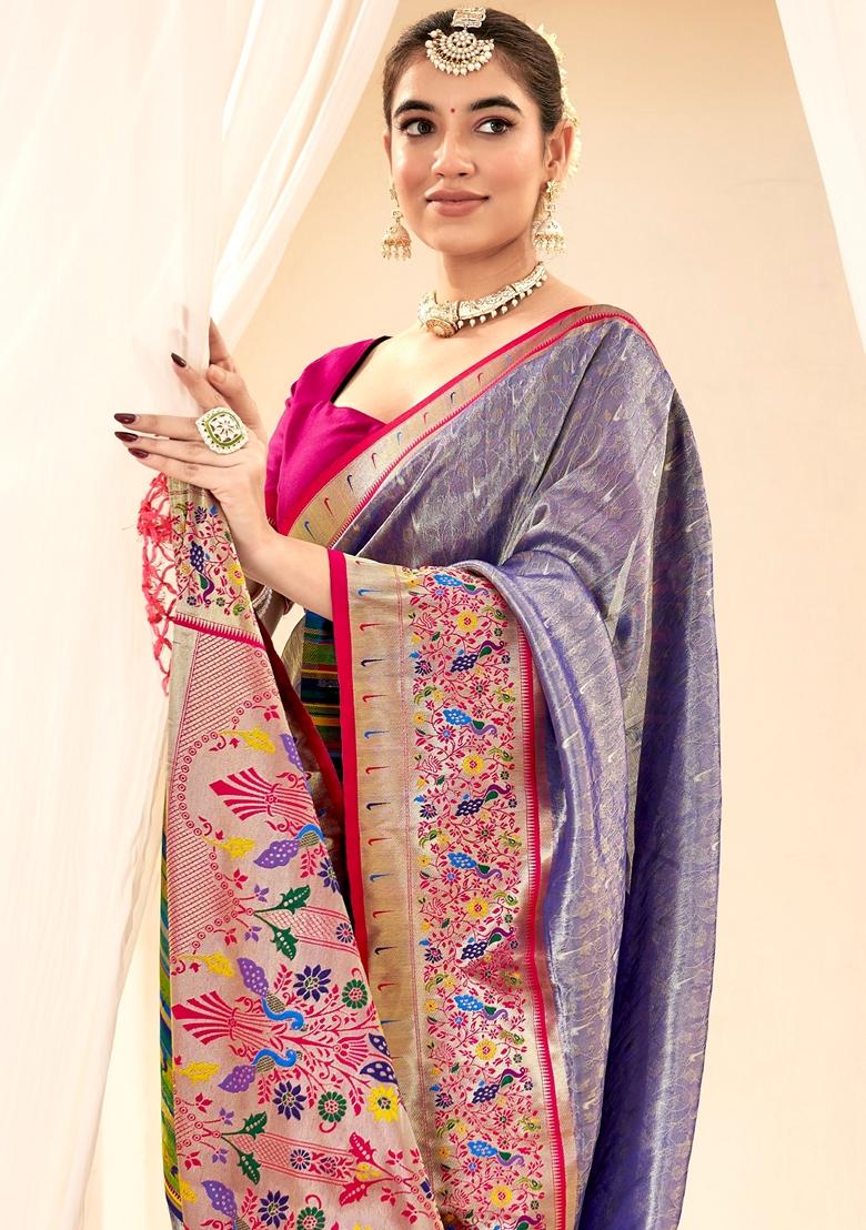 Lavender Zari Woven Silk Saree Set