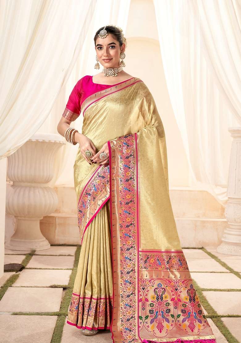 Cream Zari Woven Silk Saree Set - Indya