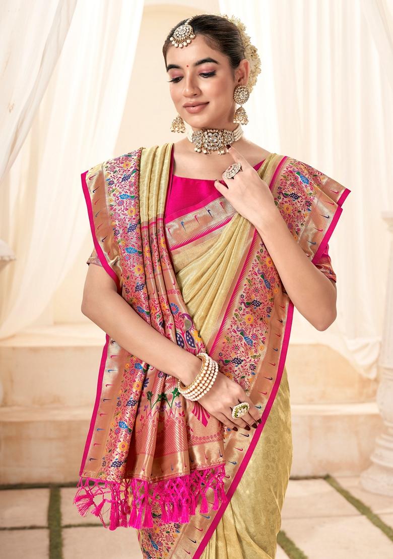 Cream Zari Woven Silk Saree Set