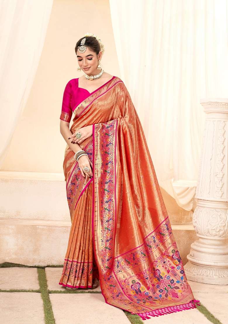 Orange Zari Woven Silk Saree Set - Indya