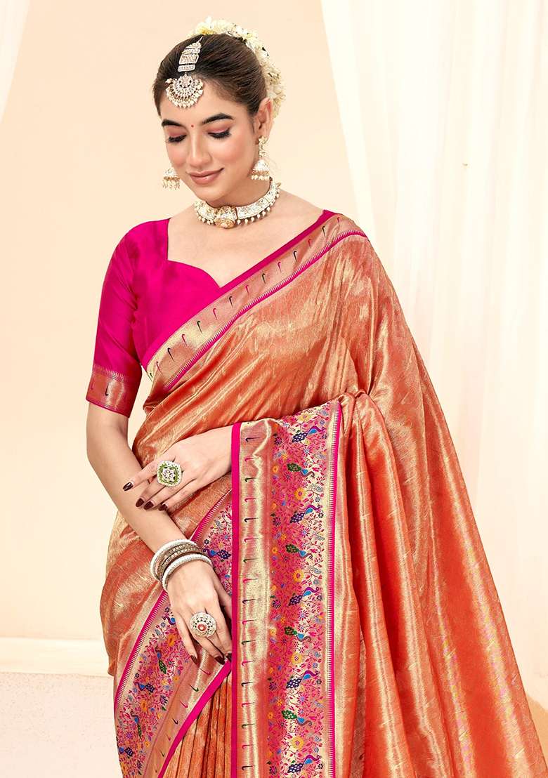 Orange Zari Woven Silk Saree Set - Indya