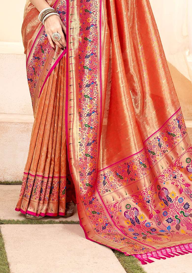 Orange Zari Woven Silk Saree Set - Indya