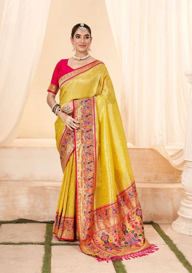 Yellow Zari Woven Silk Saree Set - Indya