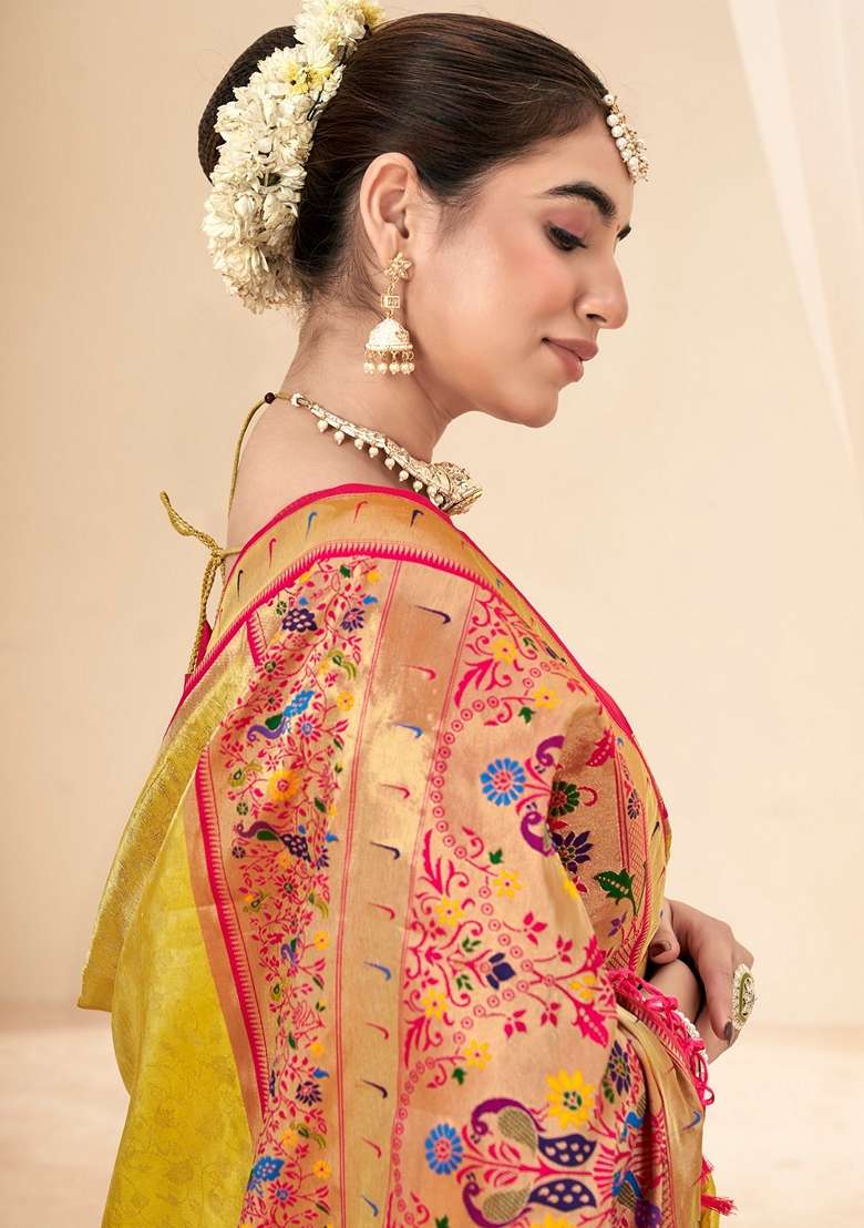 Yellow Zari Woven Silk Saree Set - Indya