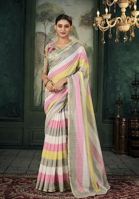 Multicolor Zari Woven Linen Saree Set