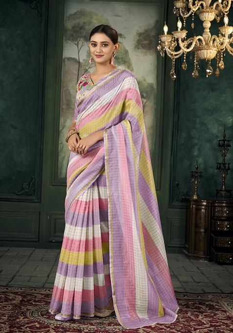 Multicolor Zari Woven Linen Saree Set
