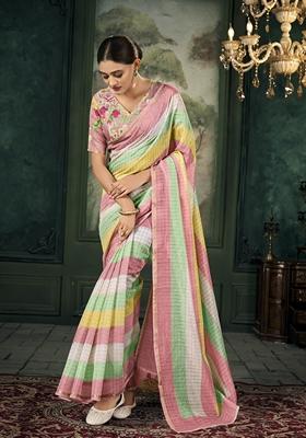 Multicolor Zari Woven Linen Saree Set
