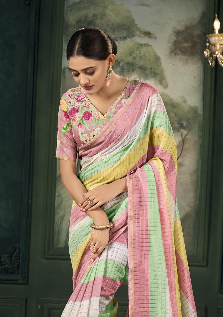Multicolor Zari Woven Linen Saree Set