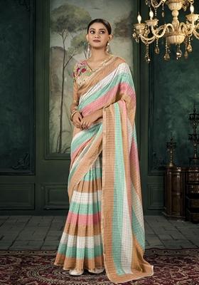 Multicolor Zari Woven Linen Saree Set