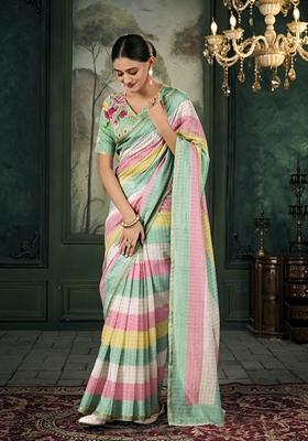 Multicolor Zari Woven Linen Saree Set