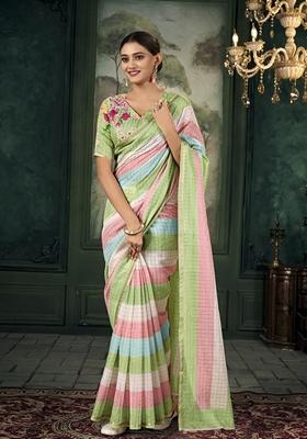 Multicolor Zari Woven Linen Saree Set