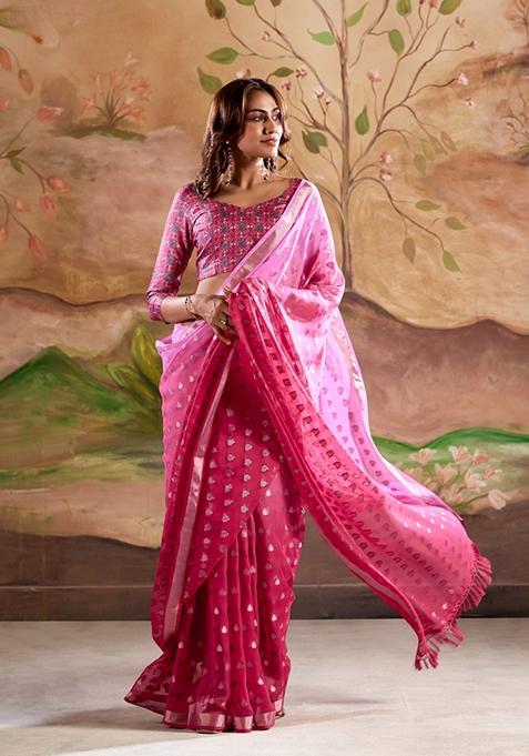 Pink Zari Woven Silk Saree Set