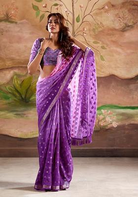 Violet Zari Woven Silk Saree Set