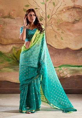 Teal Zari Woven Silk Saree Set