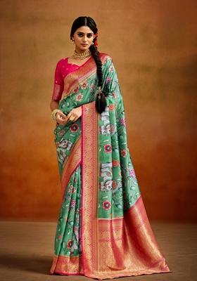 Green Kalamkari Print Silk Saree Set