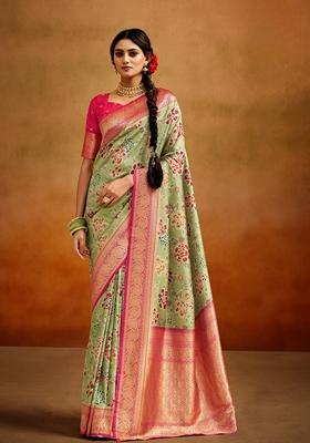 Light Green Kalamkari Print Silk Saree Set