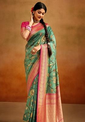 Dark Green Kalamkari Print Silk Saree Set