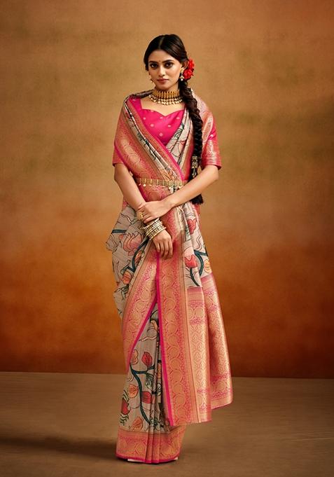 Light Beige Kalamkari Print Silk Saree Set