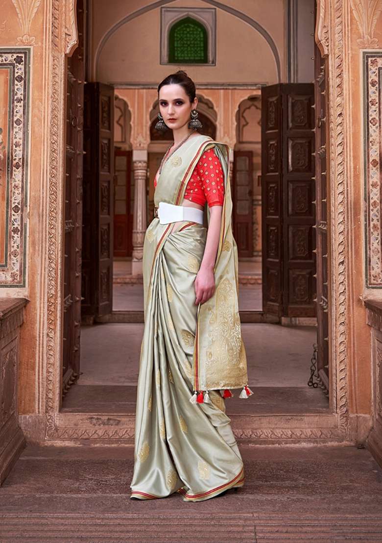 Light Green Zari Woven Silk Blend Saree Set for Diwali and Festive Wear - Indya