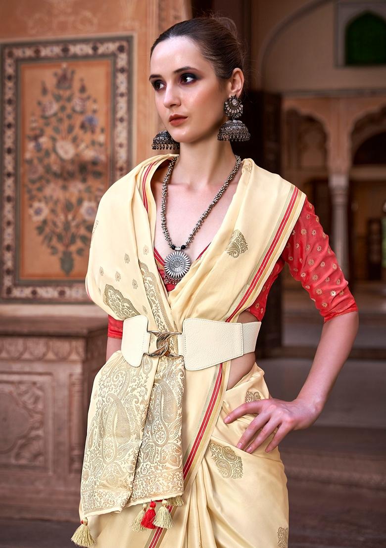 Cream Zari Woven Silk Saree Set