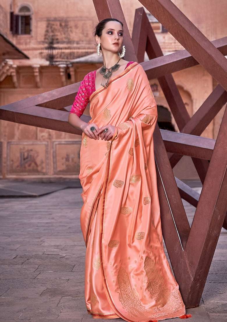 Orange Zari Woven Silk Blend Saree Set for Diwali and Festive Wear - Indya