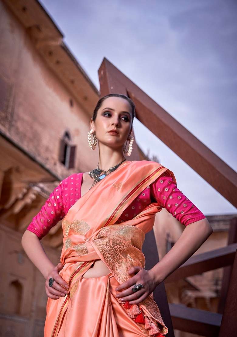 Orange Zari Woven Silk Blend Saree Set for Diwali and Festive Wear - Indya