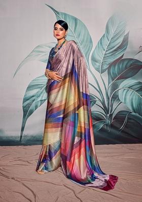 Purple Zari Woven Satin Saree Set