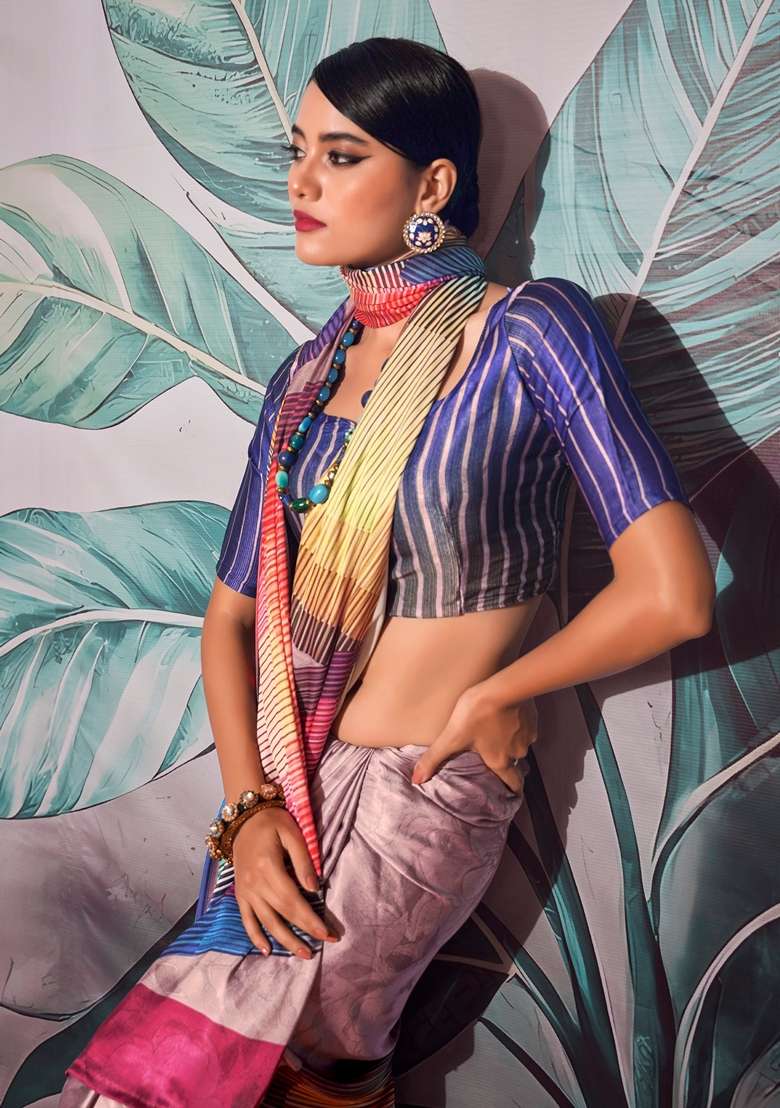 Purple Zari Woven Satin Saree Set for Diwali and Festive Wear - Indya