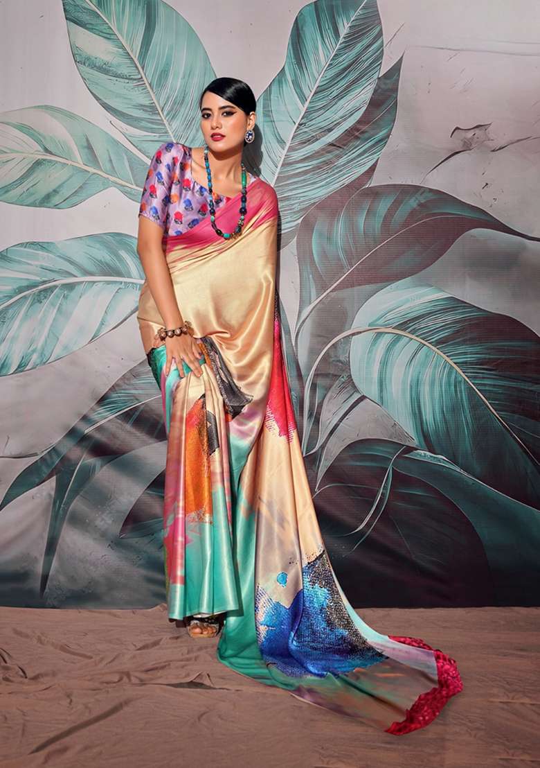 Cream Zari Woven Satin Saree Set for Diwali | Wedding & Festive Wear - Indya