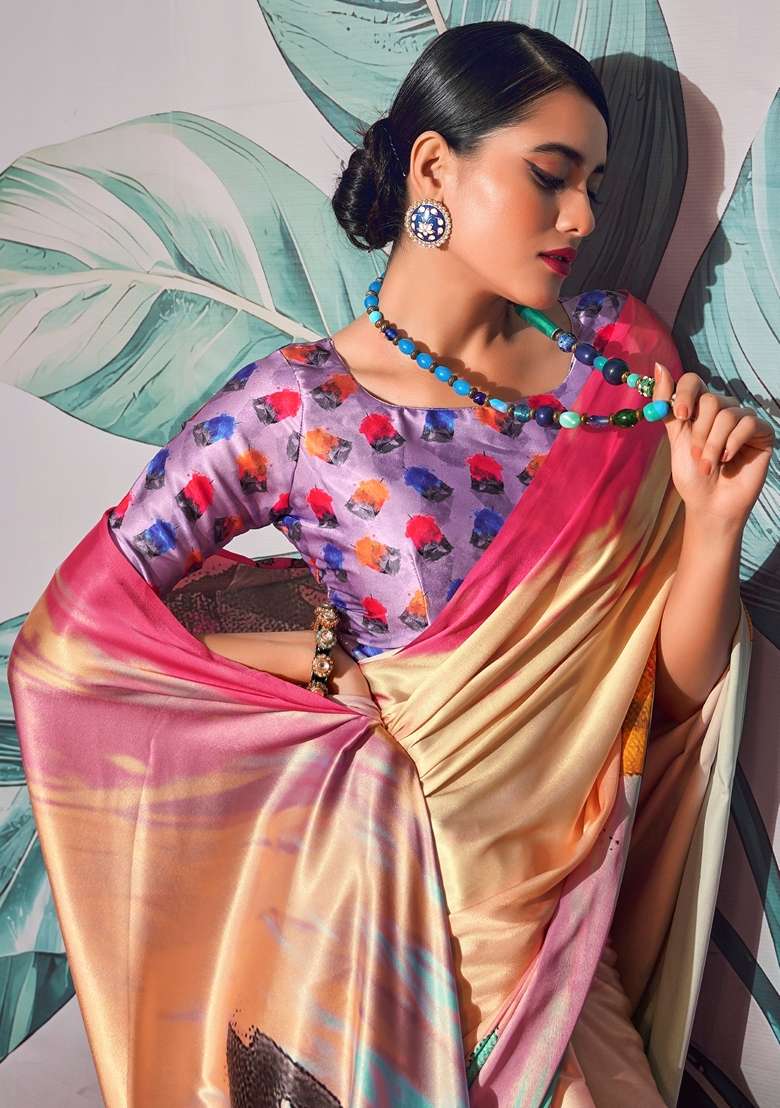 Cream Zari Woven Satin Saree Set for Diwali | Wedding & Festive Wear - Indya