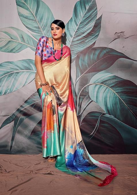 Cream Zari Woven Satin Saree Set