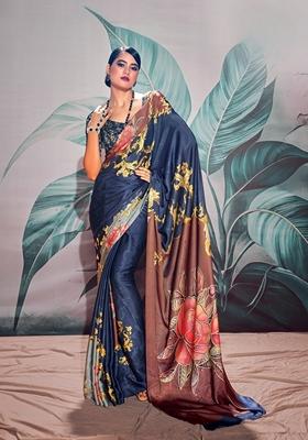 Navy Blue Zari Woven Satin Saree Set