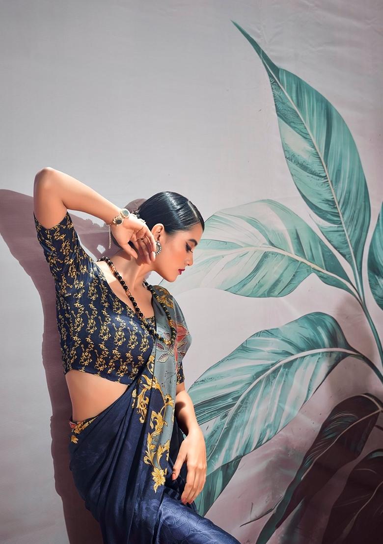 Navy Blue Zari Woven Satin Saree Set