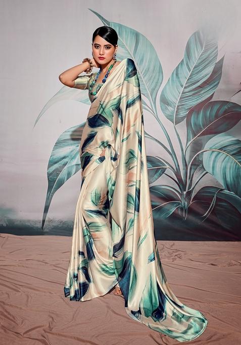 Off White Zari Woven Satin Saree Set