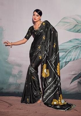 Black Zari Woven Satin Saree Set