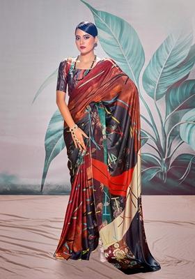 Maroon Zari Woven Satin Saree Set