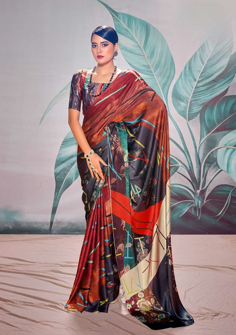 Maroon Zari Woven Satin Saree Set for Diwali and Festive Wear - Indya