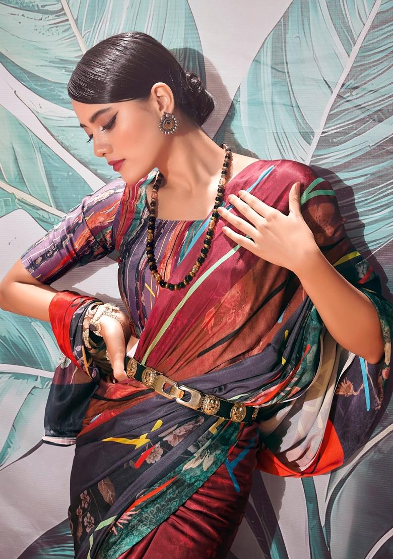 Maroon Zari Woven Satin Saree Set