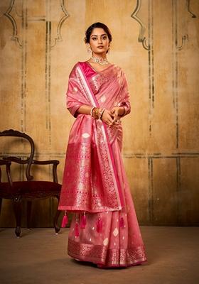 Pink Zari Woven Silk Saree Set