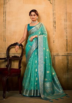 Turquoise Zari Woven Silk Saree Set