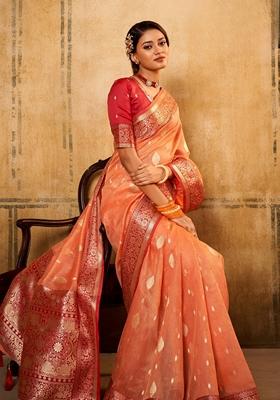 Orange Zari Woven Silk Saree Set