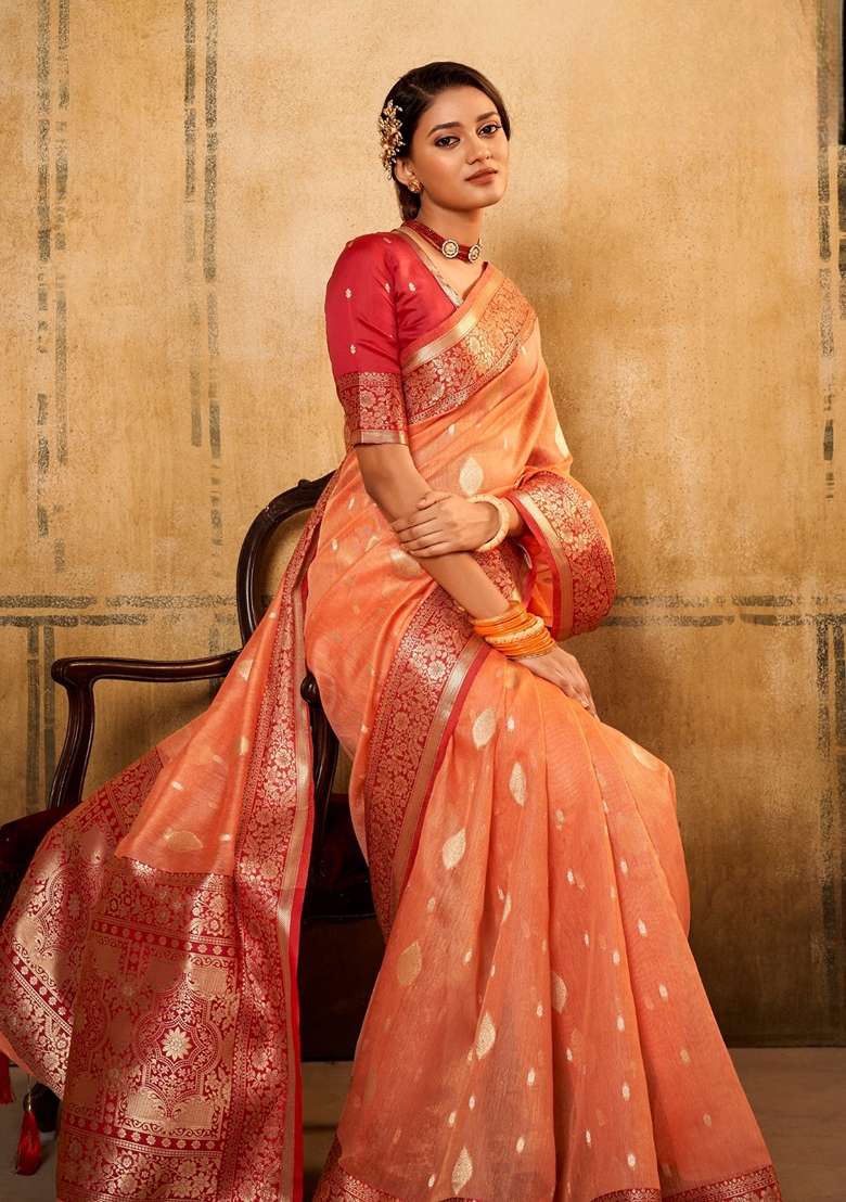Orange Zari Woven Silk Blend Saree Set for Diwali | Wedding & Festive Wear - Indya