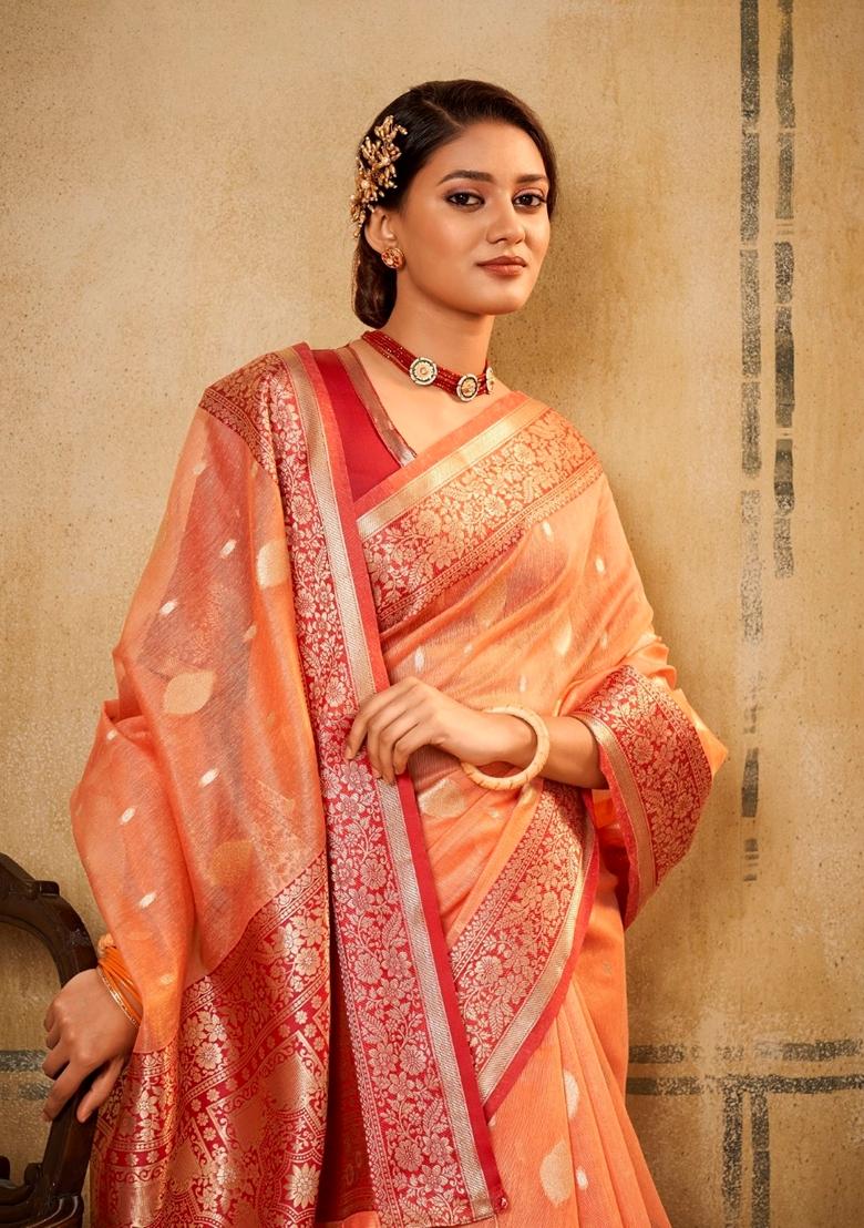 Orange Zari Woven Silk Saree Set