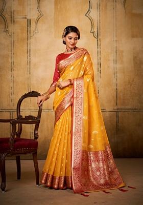 Yellow Zari Woven Silk Saree Set