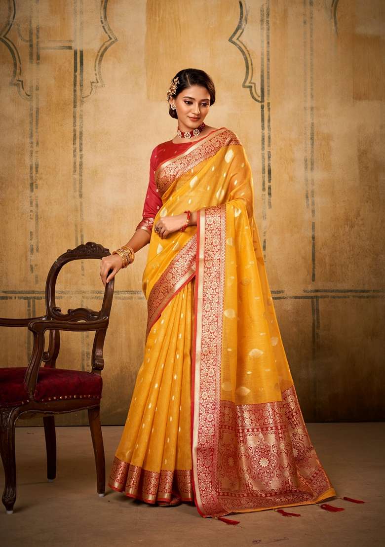 Yellow Zari Woven Silk Saree Set - Indya