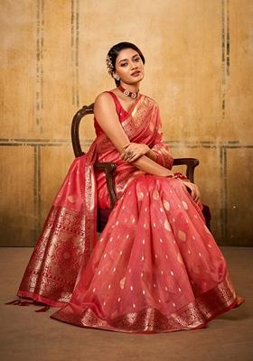 Red Zari Woven Silk Saree Set