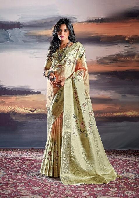 Beige Zari Woven Silk Saree Set