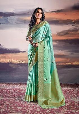 Turquoise Zari Woven Silk Saree Set