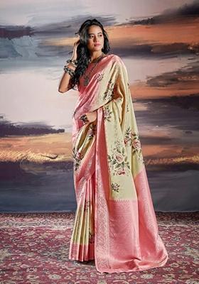 Peach Zari Woven Silk Saree Set